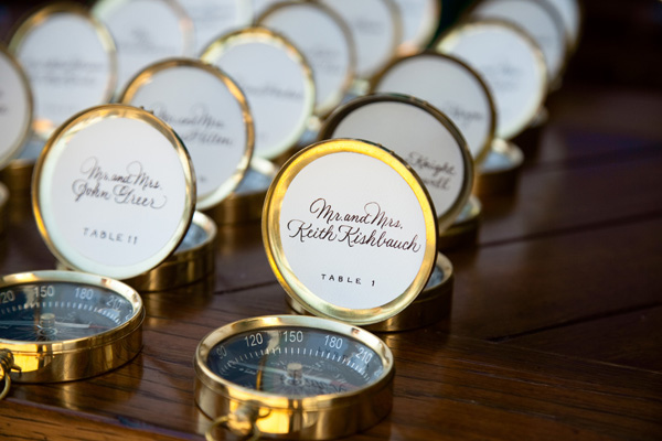 reception details - compass table numbers favors - real wedding photo by Orange County photographers Boutwell Studio